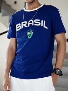 Manfinity Hypemode 男士字母印花圆领短袖休闲 T 恤 - 藍色 - 查看 1