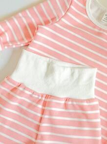 2pcs/Set Baby Girl Simple Striped Pattern Long Sleeve Top And Pants, Warm Silver Fox Fleece, Autumn/Winter Home Sleepwear Outfit - Dusty Pink - View 3