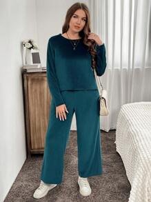 SHEIN LUNE Plus Size Casual Solid Color Ribbed Flannel Drop Shoulder Loose T-Shirt And Wide Leg Pants 2 Pieces Set, Autumn/Winter