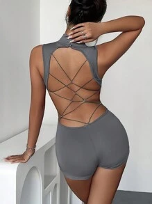 SHEIN SXY Sexy effenkleurige rompertjes met opstaande kraag en rugloze pasvorm voor dames in de zomer