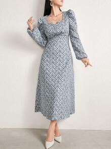 Modelyn Women Elegant Floral Jacquard Puff Sleeve Dress, Autumn Long Evening Dresses
