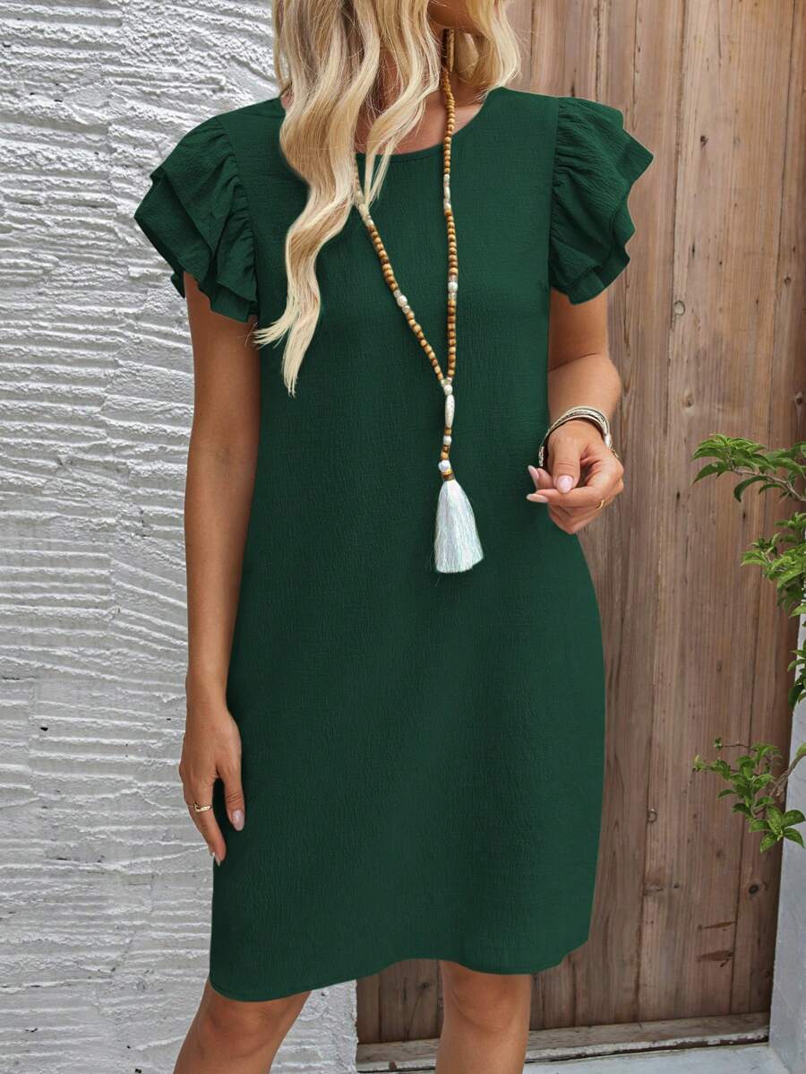 EMERY ROSE Đầm suông cổ tròn nhiều lớp màu trơn cho kỳ nghỉ hè dành cho nữ - Màu xanh lá cây đậm - Xem 1