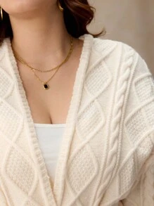 Elaquor Plus Size Casual Solid Color Drop Shoulder Loose Cable Knit Argyle Cardigan With Belt