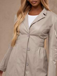 MISSGUIDED Faux Leather PU Blazer Dress Button Front Cinched Waist Long Sleeve Coat Outerwear Fall Winter Stylish Office Party Business Casual - Camel - View 4