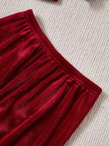 2 件套年轻女孩勃艮第天鹅绒可爱休闲装、长袖 T 恤和裤子、家居服 - 酒紅色 - 查看 4