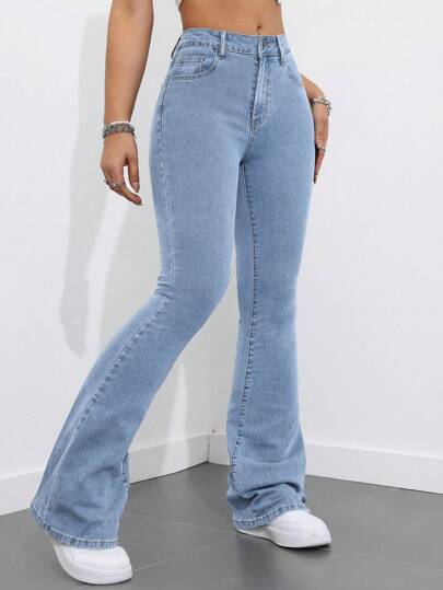 SHEIN ICON Casual Distressed Slim Fit Flare Leg Jeans