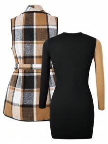 Tween Girls Autumn/Winter Formal Casual Vintage Elegant Design Oversized Collar Plaid Long Vest Jacket Paired With Colorblock Long Sleeve Dress, Suitable For Daily Commute, Casual, Street Style And Family Gatherings