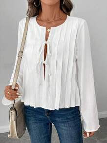 SHEIN LUNE Women's Bow Tie Pleated A-Line Bell Sleeve Casual/Office Blouse, Elegant For Autumn/Winter