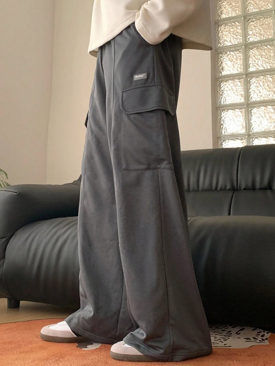 Manfinity VCAY Pantalon droit à taille élastique ample et décontracté pour hommes - Gris foncé - Voir 1