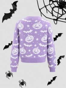 PUNK 趣味万圣节南瓜图案圆领落肩长袖休闲毛衣，女士针织套头衫，秋冬款 - 彩色 - 查看 2