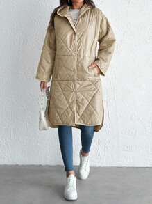 EURMUSE Snap Button Front Hooded Quilted Coat - Apricot - View 5