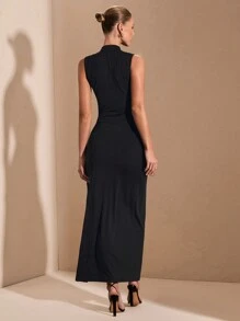 SHEIN BAE Black Hollow Out Sleeveless High Split Maxi Dress,70s Style Autumn Night Out Party Knit Dress For Cocktail, Date,Wedding & Halloween - Black - View 2