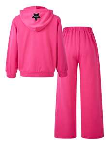 SHEIN 2pcs/Set Tween Girl Girls Stylish Letter, Star Print Hooded Sweatshirt With Pocket & Casual Pants, Dark Punk Fashion - Hot Pink - View 3
