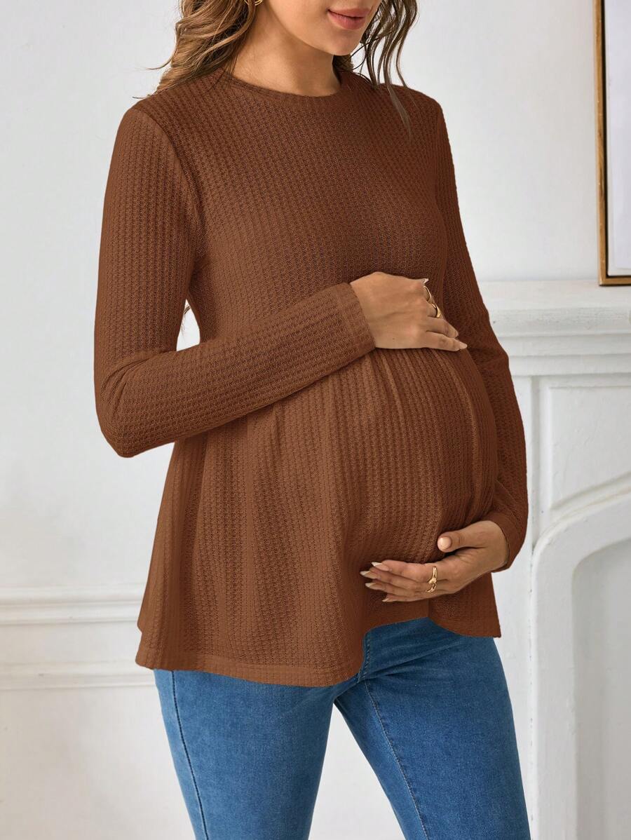SHEIN Maternity Solid Peplum Tee Fall Winter Tee - Rust Brown - View 1