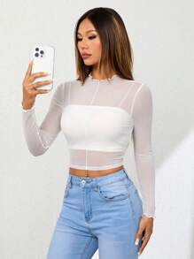 SHEIN PETITE 小號女款高領荷葉邊透視白色上衣 - 白色 - 查看 5