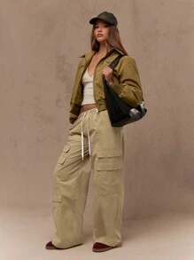 MISSGUIDED Wide Leg Cargo Pants With Drawstrings - Khaki - View 4