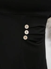 大码女式秋冬黑色领口装饰纽扣腰部褶皱 A 字长袖休闲连衣裙长款女装 - 黑色 - 查看 5