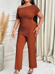 Maweii 大码女式夏季纯色不对称领口短袖上衣和裤子两件套 - 咖啡棕 - 查看 3