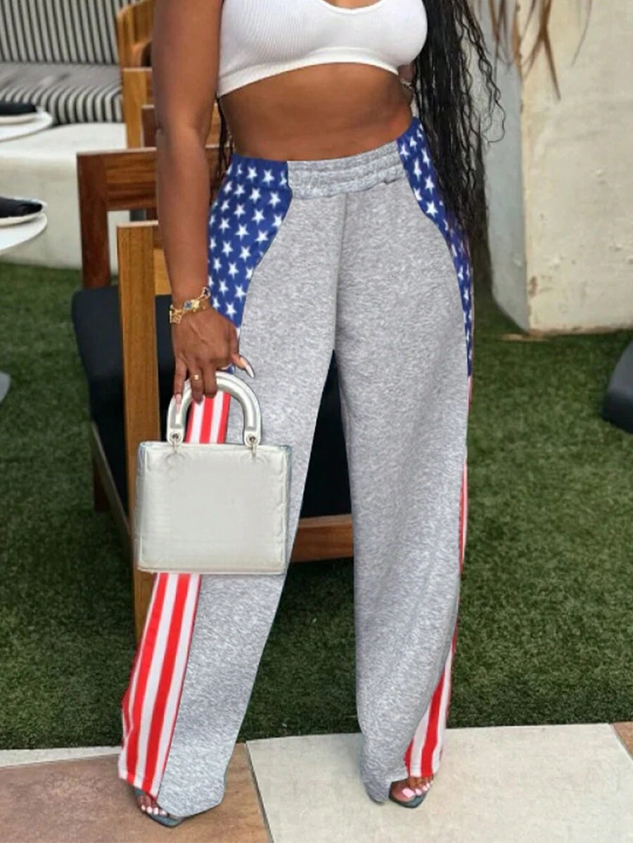 INAWLY Women's Casual Americana Print Elastic Waist Loose Fit Wide Leg Sweatpants - Multicolor - View 1