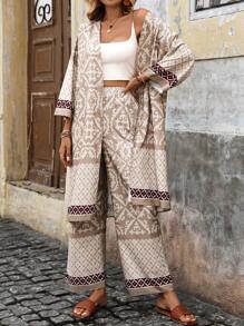 SHEIN LUNE 拼布印花落肩夹克 & 阔腿裤 2件/套