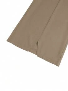 TaskEZ 2pcs Women Healthcare Uniform - Solid Color V-Neck Blouse & Slit Long Pants, Scrub Sets - Khaki - View 5