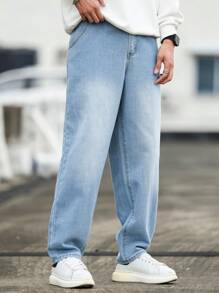 Manfinity Homme Men's Casual Distressed Cone Tapered Leg Jeans, Baggy Jeans Men, Light Blue Jeans Men, Blue Baggy Jeans Men - Blue - View 7