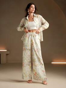 Anewsta Fashionable Floral Embroidery Women Long Sleeve Button-Down Shirt And Wide Leg Pants Elegant 2 Pieces Set