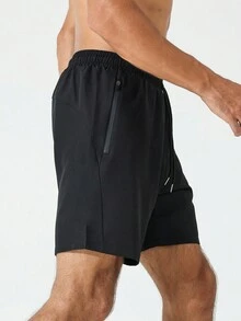 Manfinity Sport Corelite 男友风男士抽绳字母图案印花口袋休闲运动短裤，夏季 - 黑色 - 查看 3