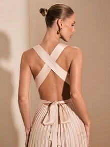 SHEIN BAE Robe plissée à dos ajouré dans les tons abricot et blanc, col V sexy, élégante et simple, convenant pour cocktail, rendez-vous romantique, robe en tricot d'automne/hiver, fête, invité de mariage, Halloween, Noël - Nude - Voir 7