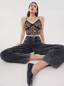 SHEIN EZwear 豹纹对比蕾丝简约日常吊带背心上衣 - 彩色 - 查看 2