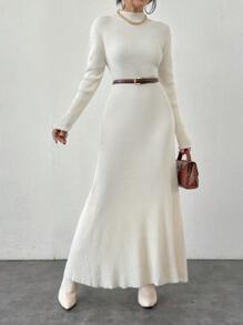 RueChic Stand Collar Solid Color Elegant Long Sleeve Sweater Dress - Beige - View 4