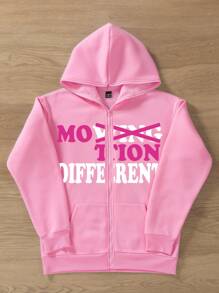 Manfinity EMRG Men's Front Zip Up Long Sleeve Letter Print Pocket Casual Hoodie, Pink