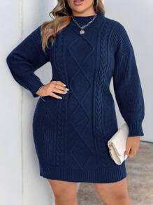 EMERY ROSE 大码女式休闲常规宽松直筒针织连衣裙，立领落肩长袖灯笼袖钻石纽扣绳编织纹理麻蓝色毛衣连衣裙，秋冬 - 藏蓝色 - 查看 8