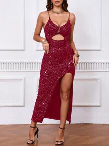 SHEIN Clasi Women Metallic Chain Strap Mermaid Hem Bodycon Dress Burgundy Maxi Women Outfit