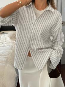 Livesso Striped Loose Long Sleeve Collared Women Blouse,Long Sleeve Tops