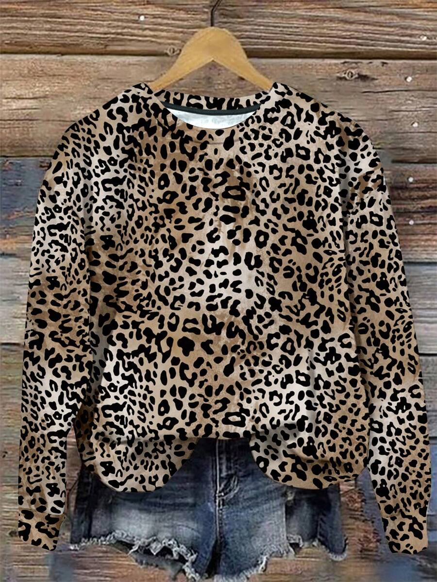SHEIN LUNE Casual Leopard Print Pattern Crew Neck Loose Fit Sweatshirt ...