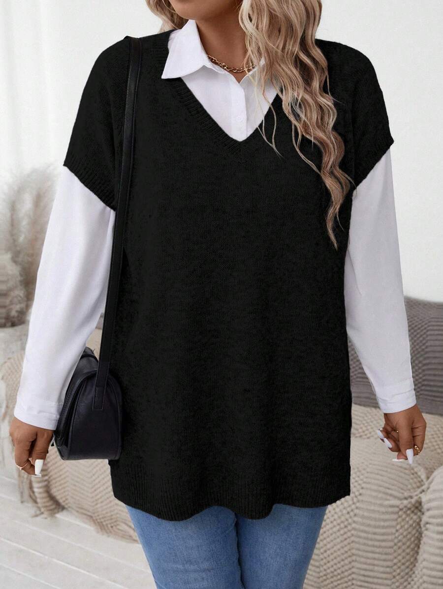 Momelise Atasan Rajut Lengan Raglan Leher V Wanita Ukuran Besar, Warna Polos Kasual, Tidak Termasuk Kemeja Rajut Pullover Musim Gugur Musim Dingin - Hitam - View 1