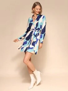 Calvaya Vestido corto casual con botones delanteros, manga larga y estampado integral para mujer