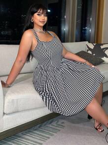 Flirla Plus size zomerse casual jurk met pied-de-poule-print en geplooide bandjes