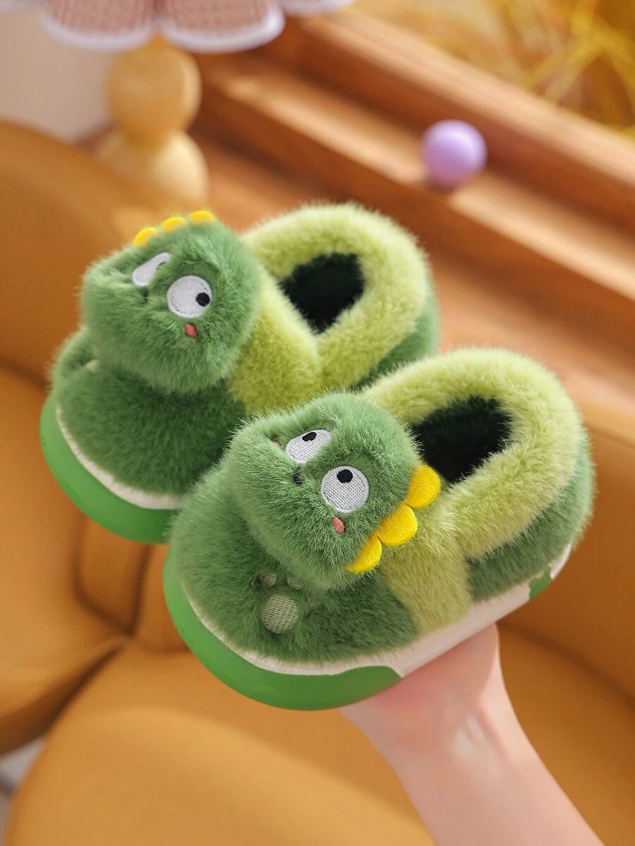 1 双男童恐龙毛绒平底可爱儿童家居拖鞋，适合冬季 - 綠色 - 查看 1
