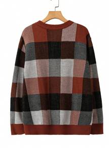 SHEIN LUNE 大码女式秋季格子圆领长袖休闲毛衣，秋冬 - 卡其色 - 查看 2