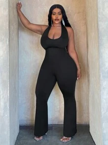 Slaydiva 大码极简主义吊带露背紧身黑色连体裤 - 黑色 - 查看 4