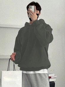 DAZY 男士纯色落肩长袖休闲连帽运动衫，秋季 - 深灰色 - 查看 3