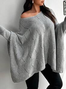 Calvaya Plus Size Loose Fit Solid Color Asymmetric Hem V-Neck Long Sleeve Sweater, For Winter Knit Pullover Fall Autumn - Grey - View 5