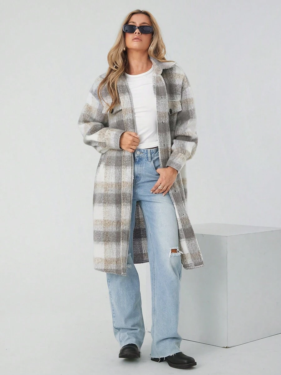 SHEIN EZwear 女式超大格纹长款外套，秋冬季 - 彩色 - 查看 1