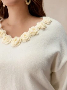 Elaquor Suéter elegante de talla grande con decoración floral 3D y cuello en V, informal para uso diario, otoño/invierno