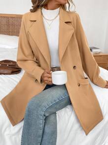 SHEIN LUNE 女式秋冬插肩袖双排扣休闲时尚夹克 - 卡其色 - 查看 6