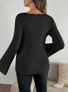 SHEIN Maternity Square Collar Bell Sleeve Ribbed Casual Sweater, Autumn/Winter - Black - View 2