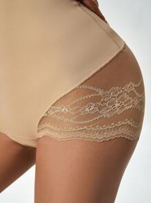 Women Solid Color High-Waist Lace Splicing Shapewear Panty - Apricot - View 3
