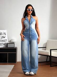 SHEIN ICON Women's Sexy Backless Halter Denim Jumpsuit
